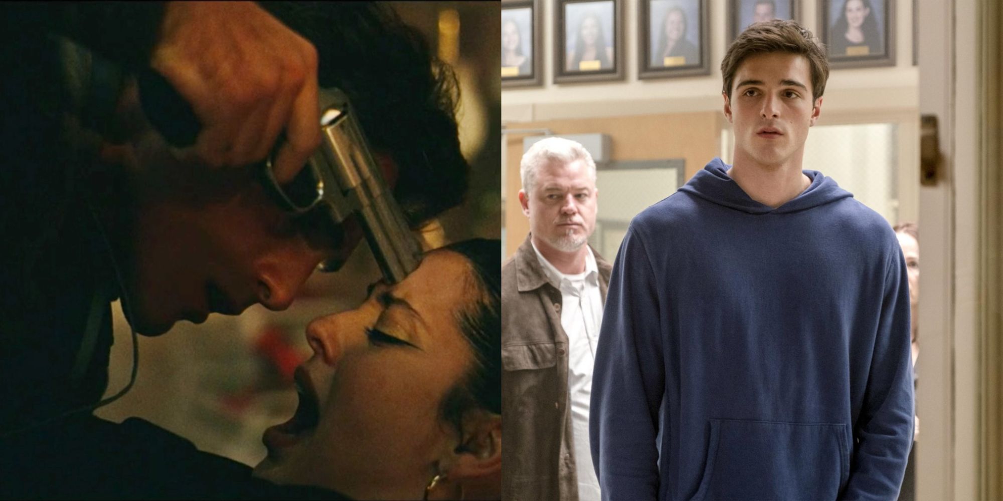 Split image of Nate pointing a gun at Maddy and standing with his father