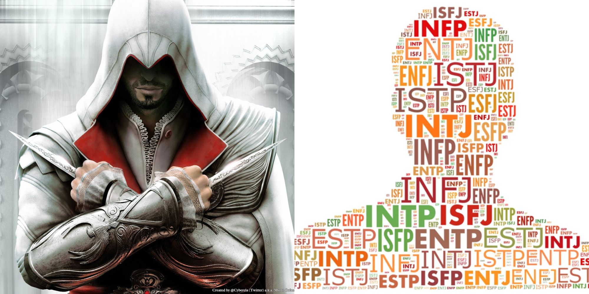 Split image showing Ezio Auditore in Assassin's Creed 2 and an illustration about the MBTI types