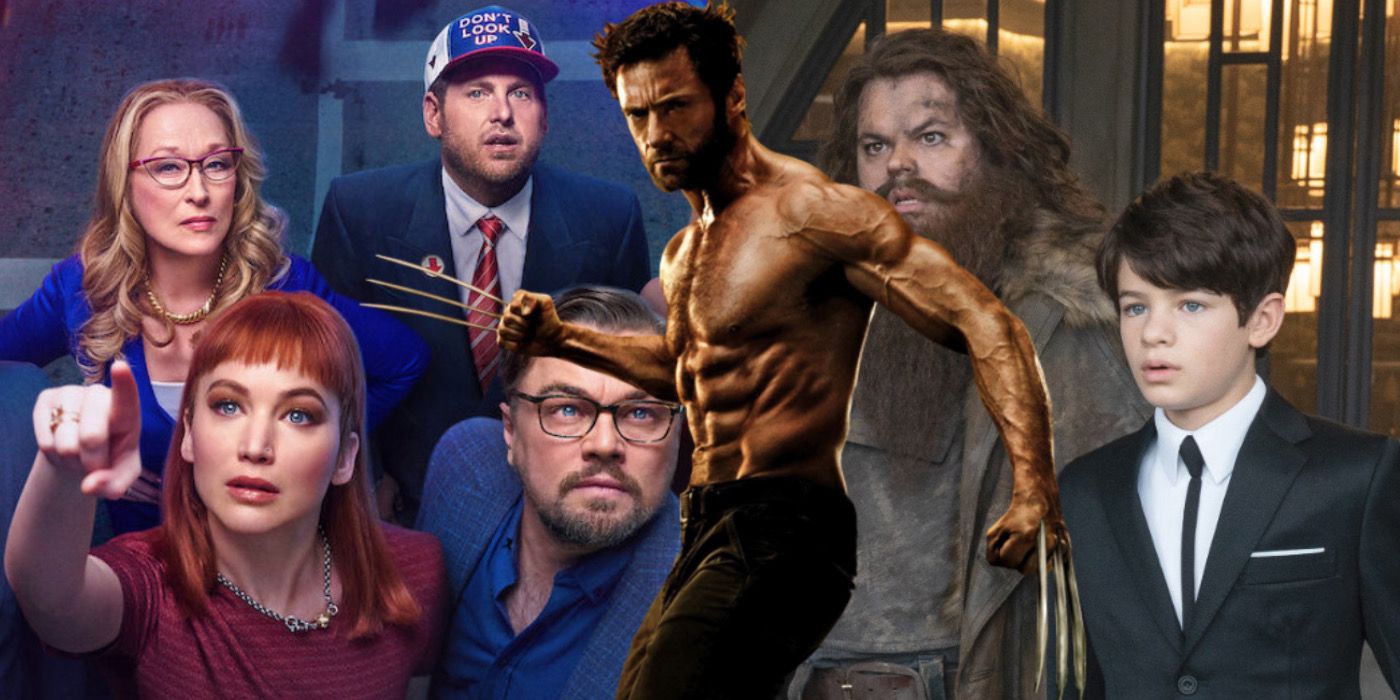 Split Image: Don’t Look Up cast looks up - Wolverine poses with claws out - Artemis Fowl cast looks concerned