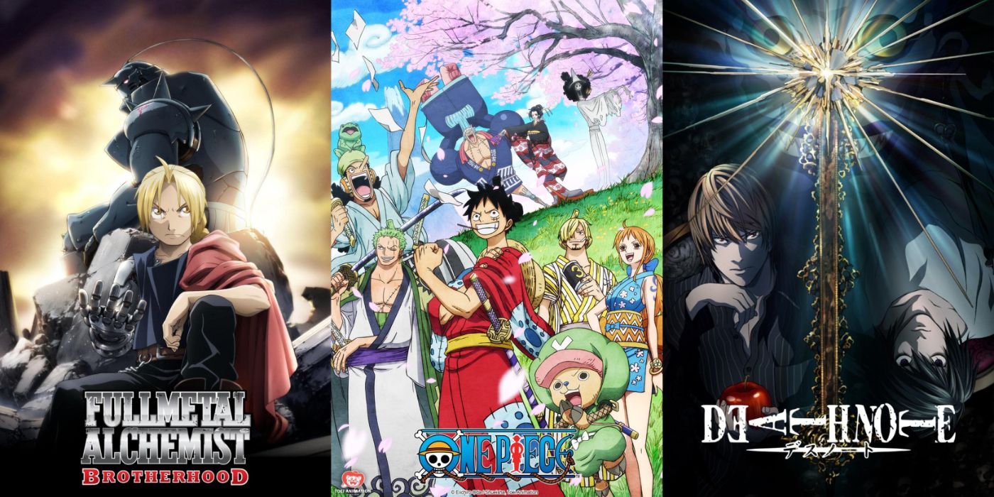 Split image of Fullmetal Alchemist: Brotherhood, One Piece, and Death Note key art.