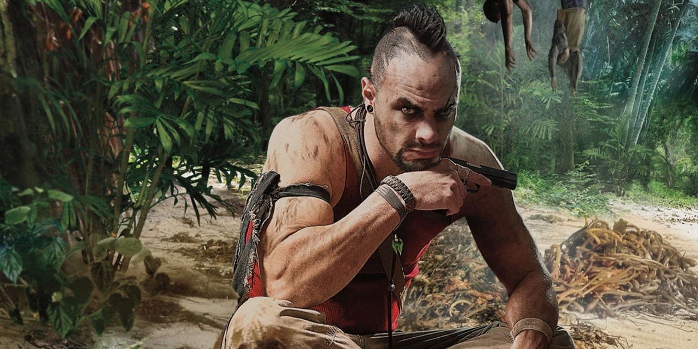 Vaas Montenegro, Far Cry 3's villain, sitting on a beach holding a pistol.