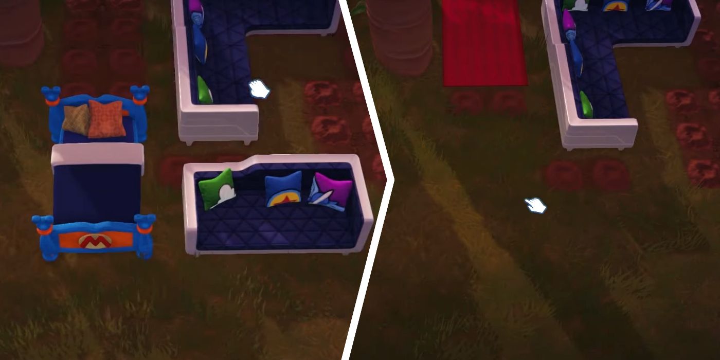 A picture of a bunch of holes in the ground in Disney Dreamlight Valley with beds and couches on top