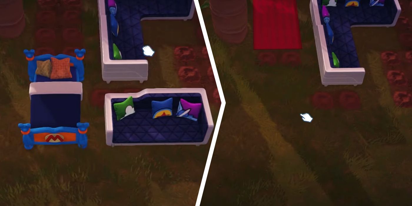 An image of a bunch of holes in the ground in Disney Dreamlight Valley with beds and sofas on top of them