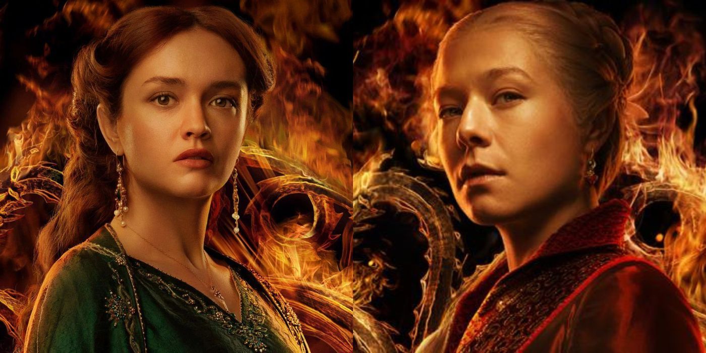 Imagem dividida mostrando Alicent e Rhaenyra cercados por chamas em pôsteres de House of the Dragon