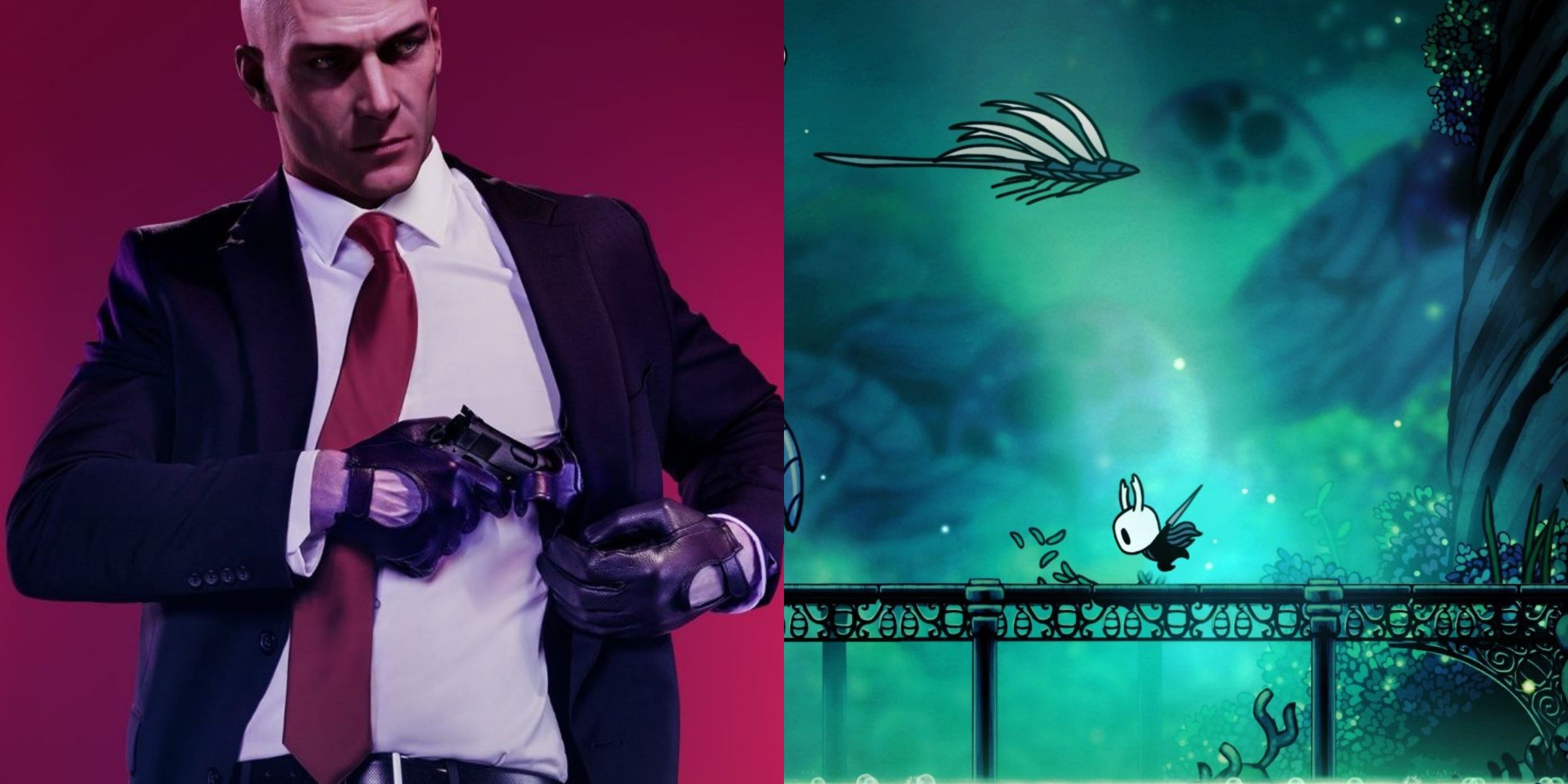 Featured image split Agent 47 on the poster for Hitman 2 and gameplay from Hollow Knight