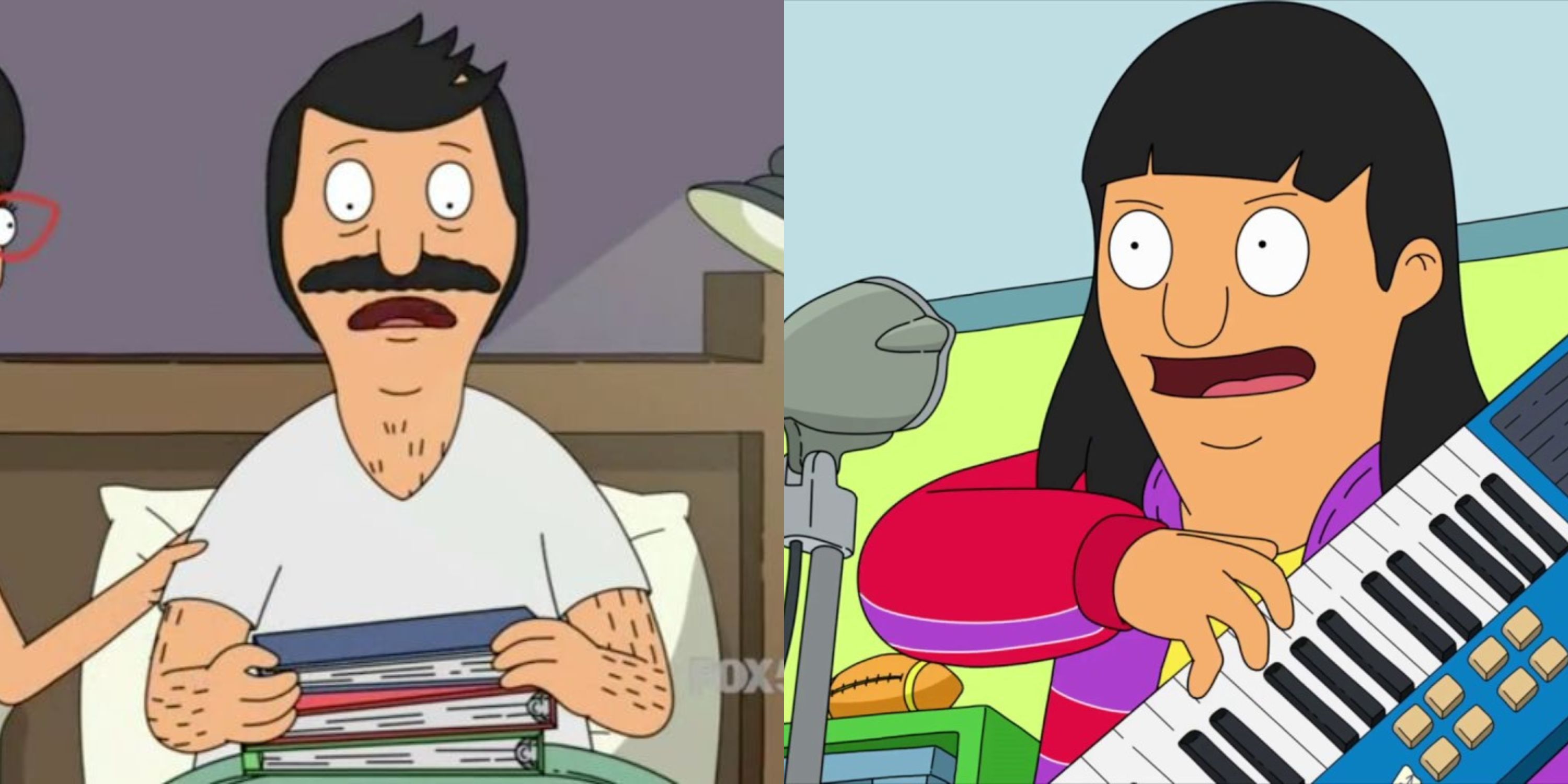Featured image split Bob in bed and Gene playing music in Bobs Burgers
