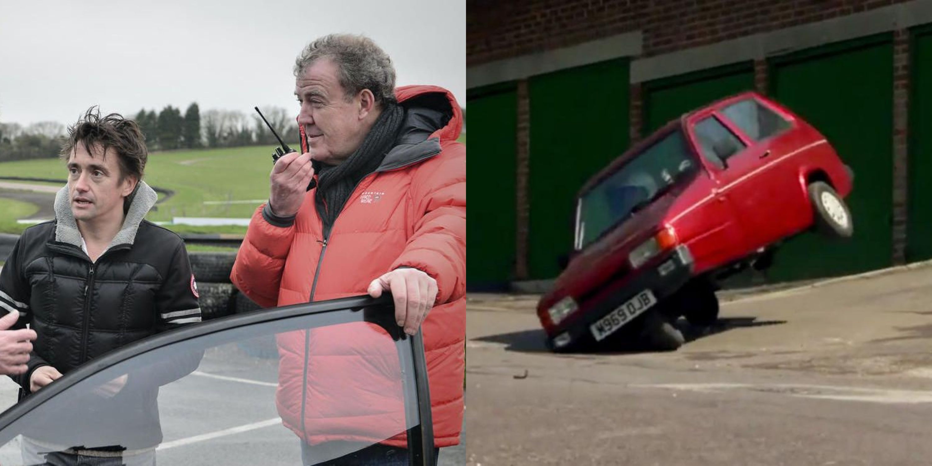 Featured image split Clarkson and Hammond argue and a Reliant Robin rolls over in Top Gear
