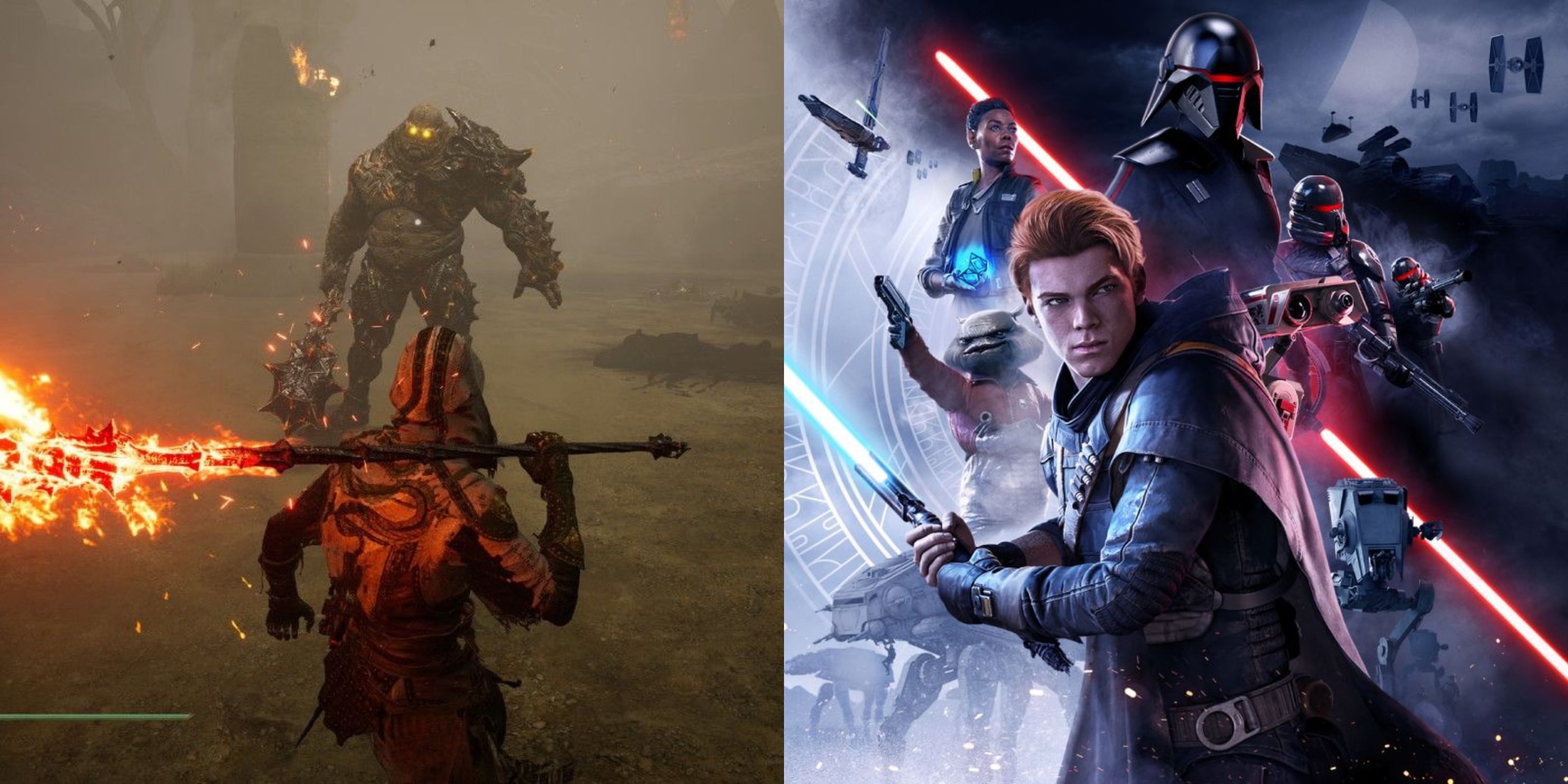 Featured image split gameplay from Mortal Shell Souslike and artwork for Star Wars Jedi Fallen Order