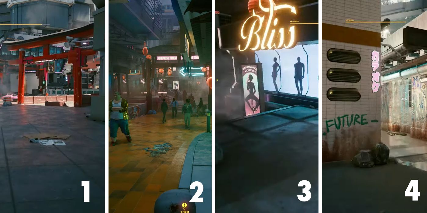 A splitscreen shot of four different locations on the way to the Fingers Ripperdoc in Cyberpunk 2077, with numbers from 1-4 running left to right