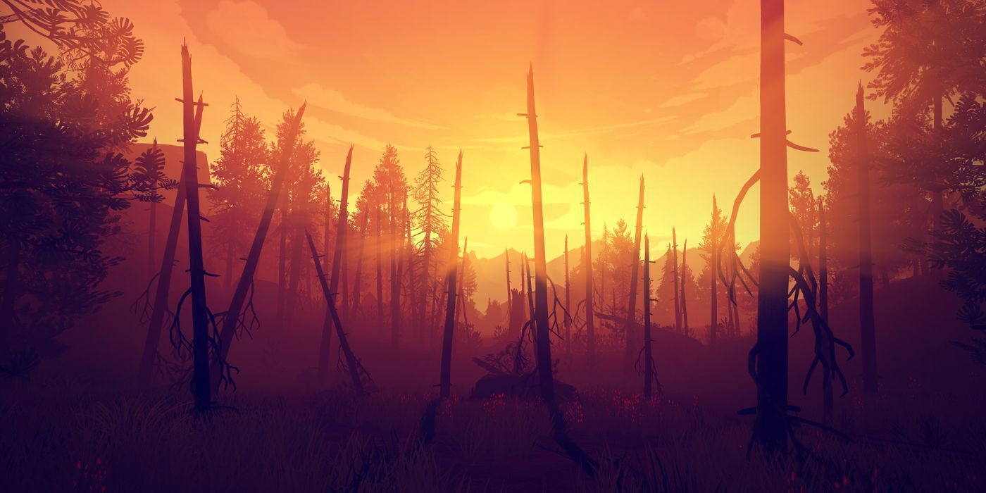 Screenshot of a vivid orange sunrise or sunset in Firewatch.