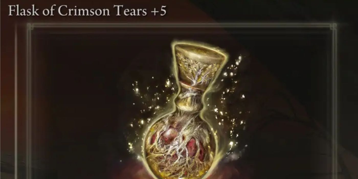 The Flask of Crimson Tears upgraded to +5 in Elden Ring's inventory menu.