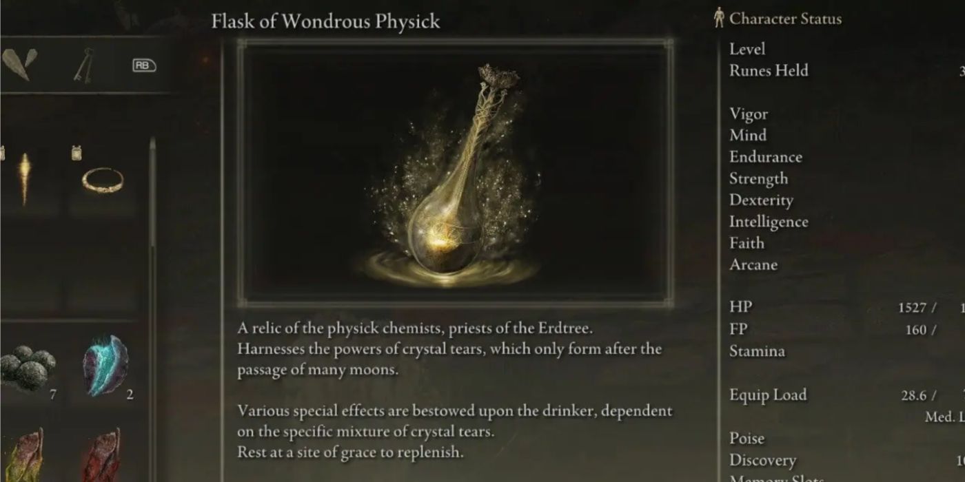The Flask of Wondrous Physick and its item description in Elden Ring's inventory.