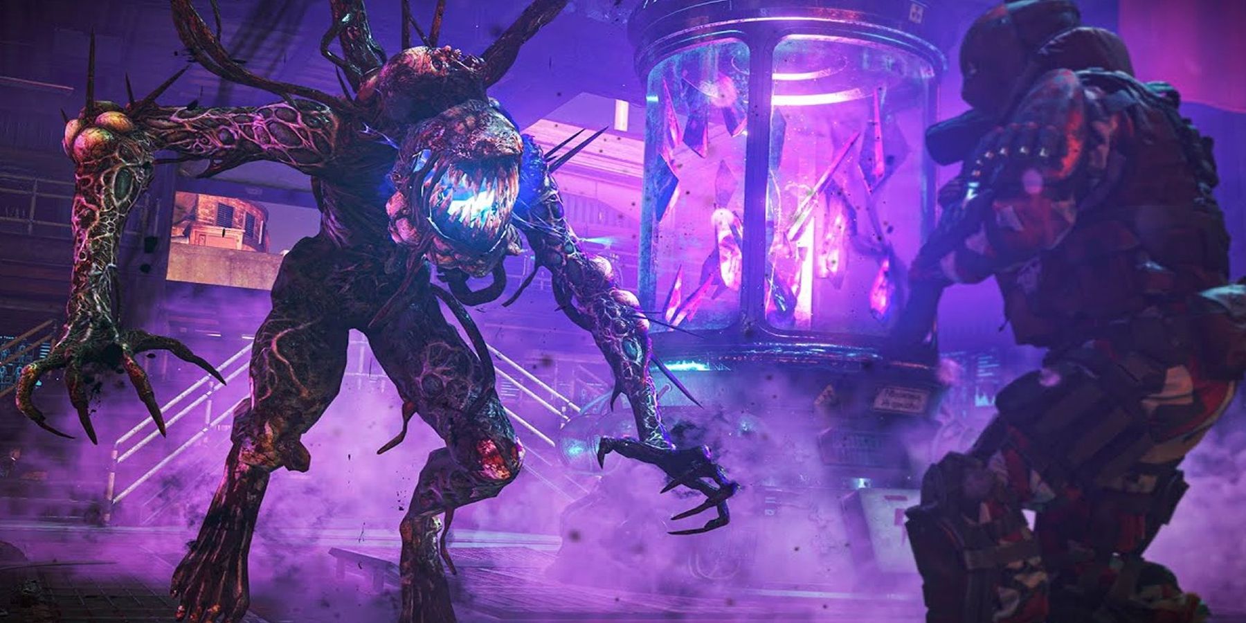 A promotional image for the Call of Duty Black Ops Cold War zombies map Forsaken showing a player facing a hulking mutated zombie.