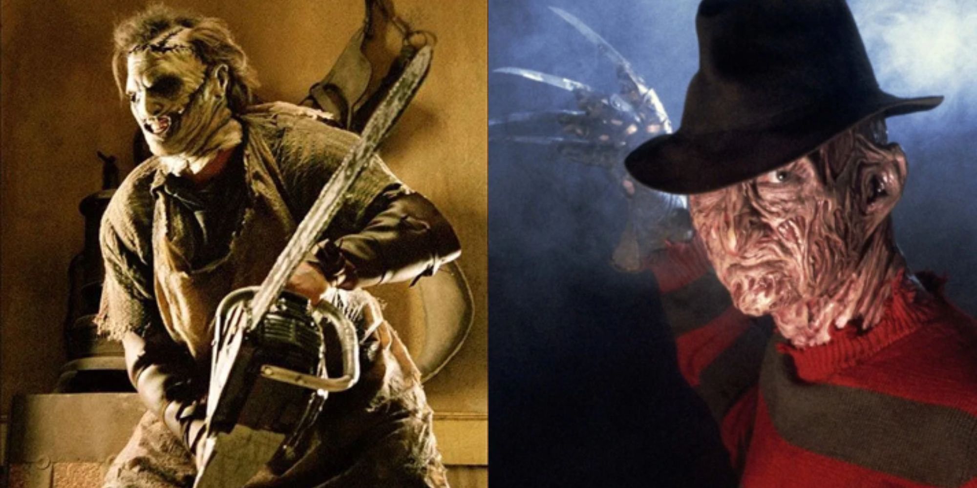 Split image showing Freddy Krueger in A Nightmare on Elm Street and Leatherface in The Texas Chainsaw Massacre
