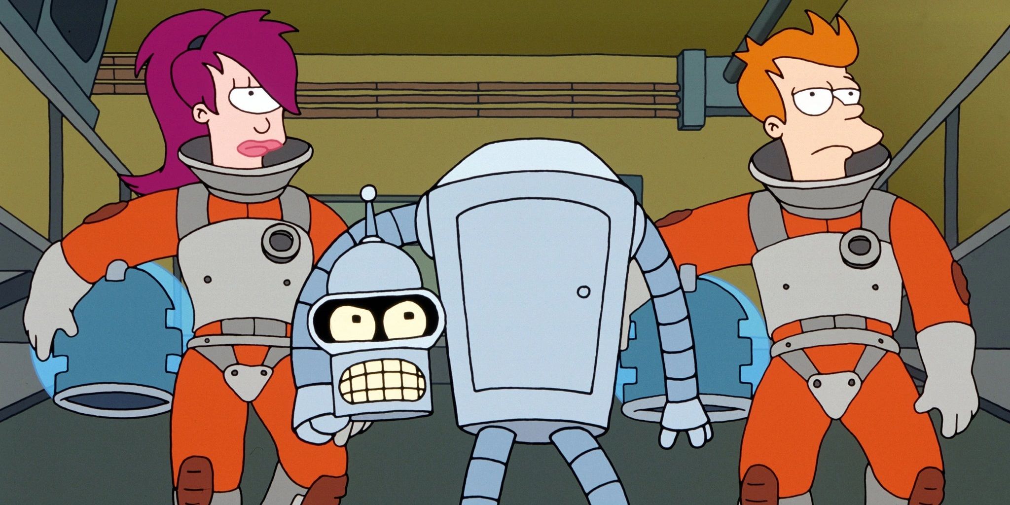 Fry, Bender et Leela en combinaisons spatiales à Futurama