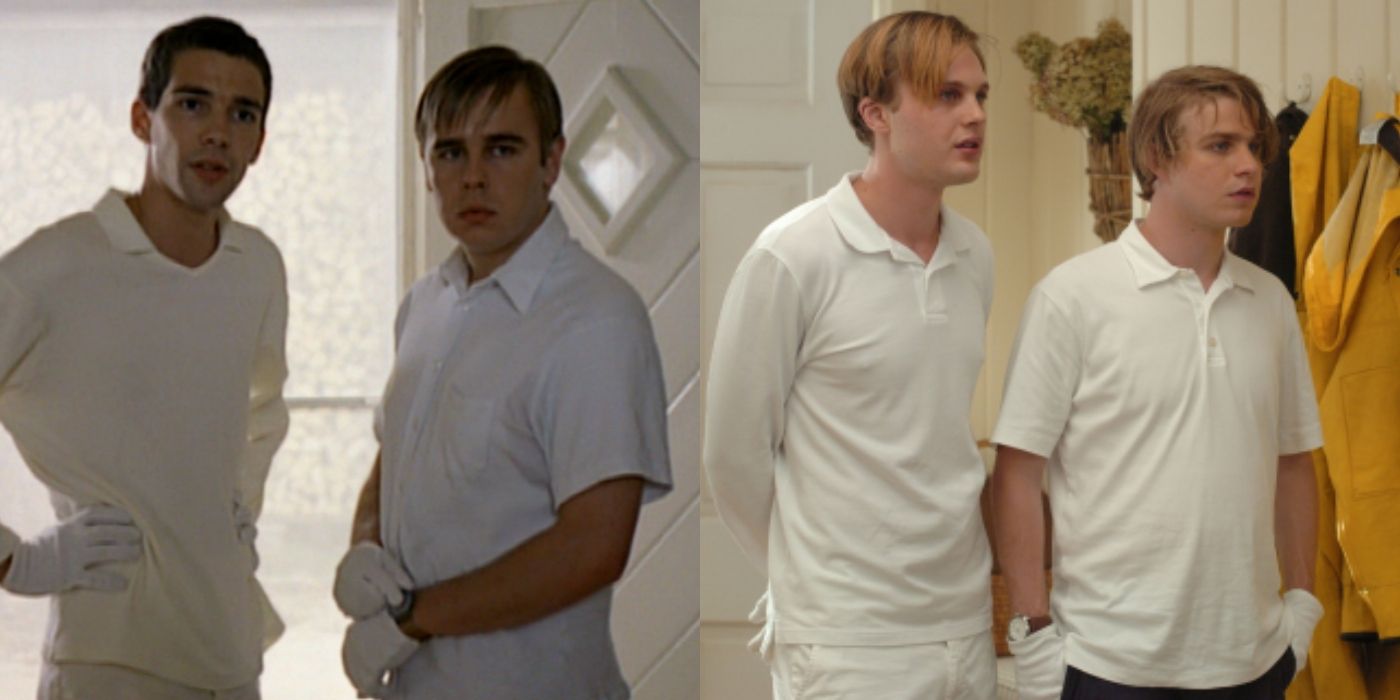 Split image of Peter and Paul in the 1997 and 2007 Funny Games