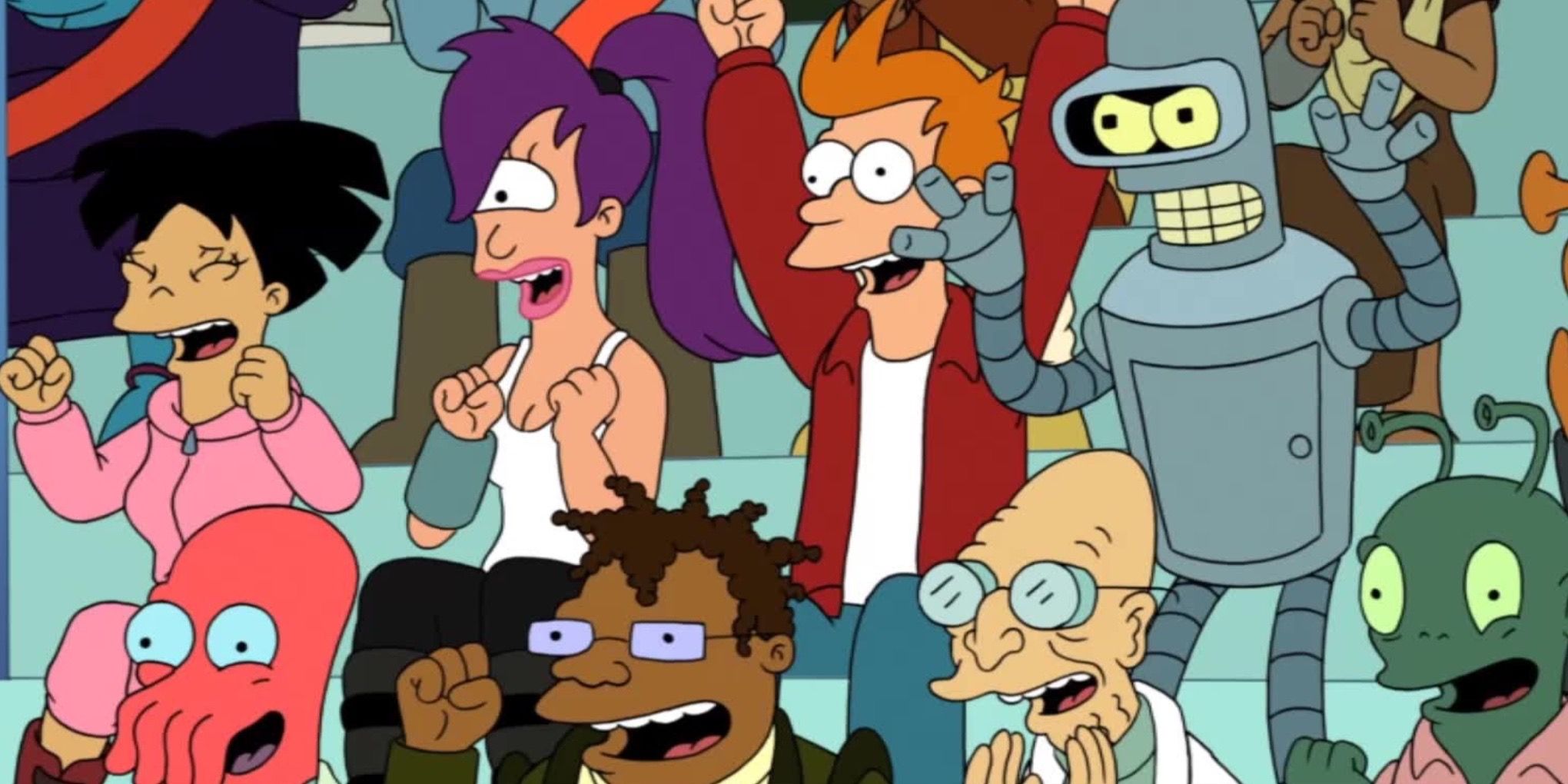 Bender, Fry, Amy, and Leela cheering in Futurama 