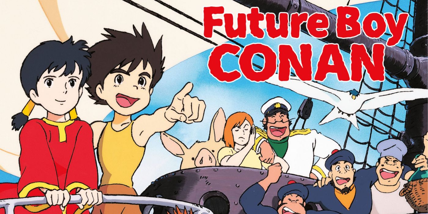 Arte chave do anime Future Boy Conan apresentando Lana com Conan e o resto do elenco colorido.