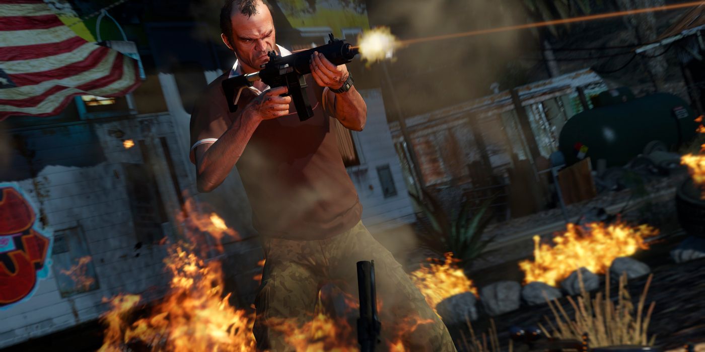 GTA 5's Trevor fires a gun amid a fiery landscape.