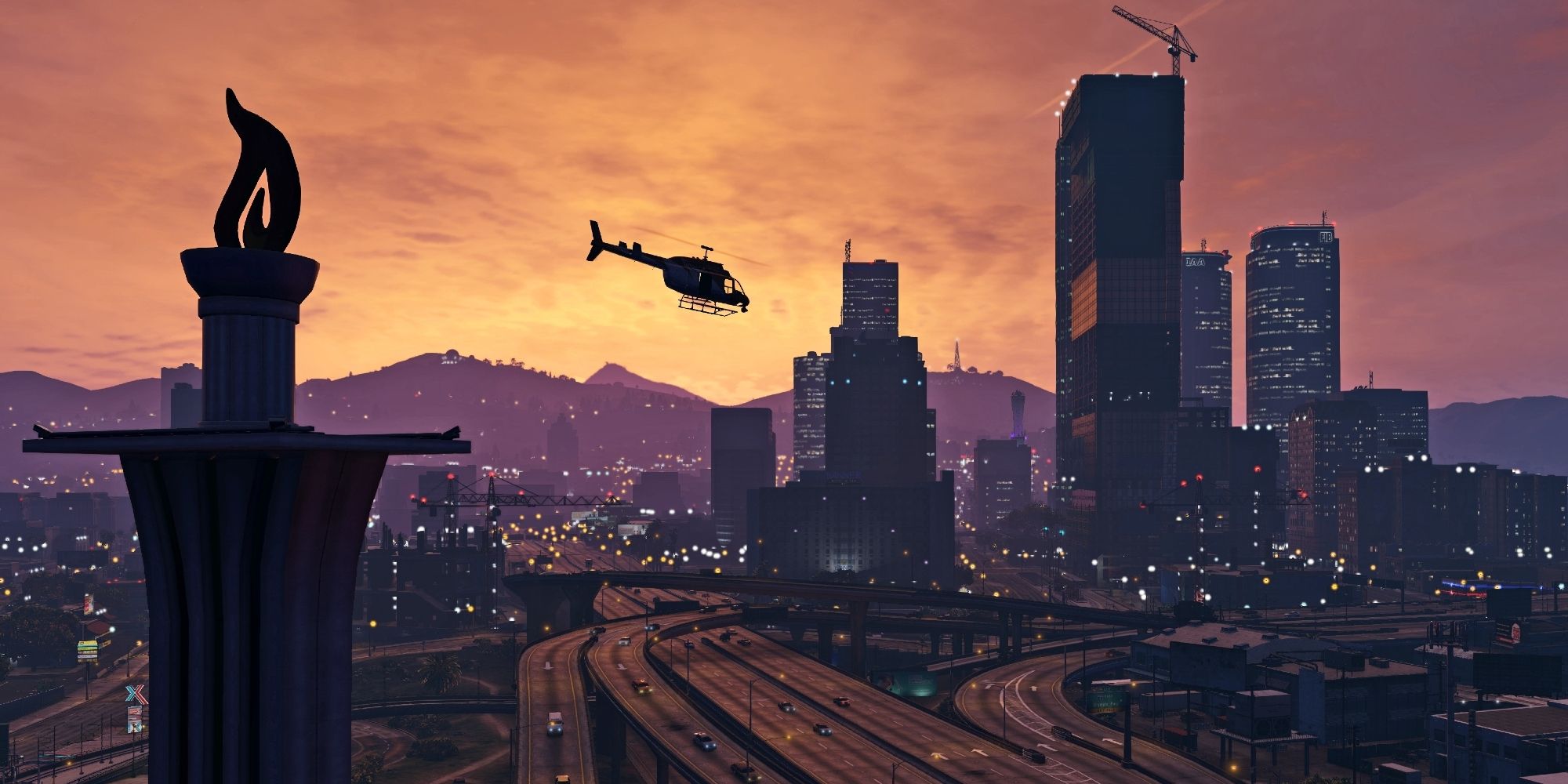 GTA skyline met helikopter die over de snelweg vliegt