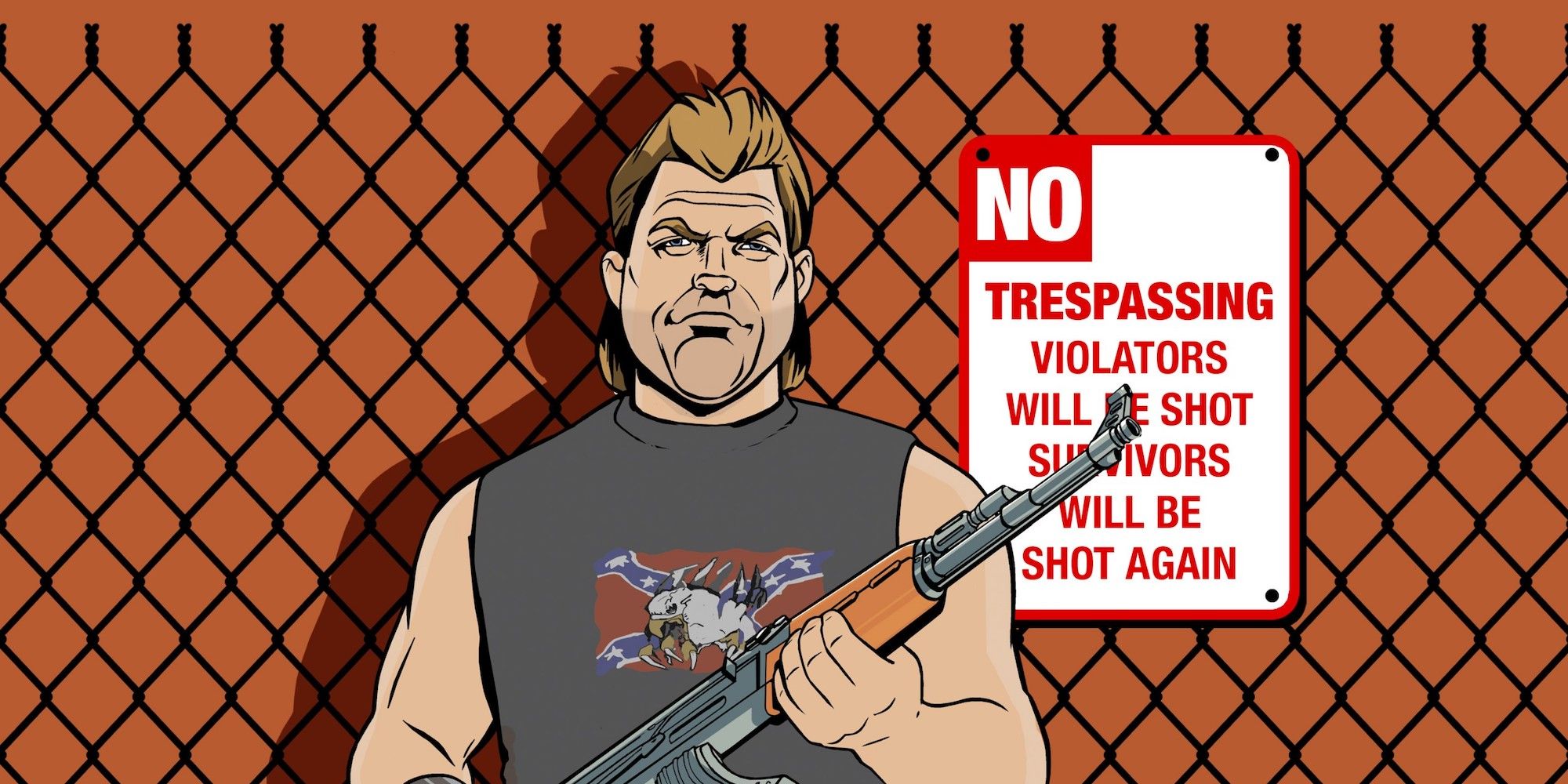 The art for Phil Cassidy from GTA Vice City, holding a gun and standing in front of a fence.