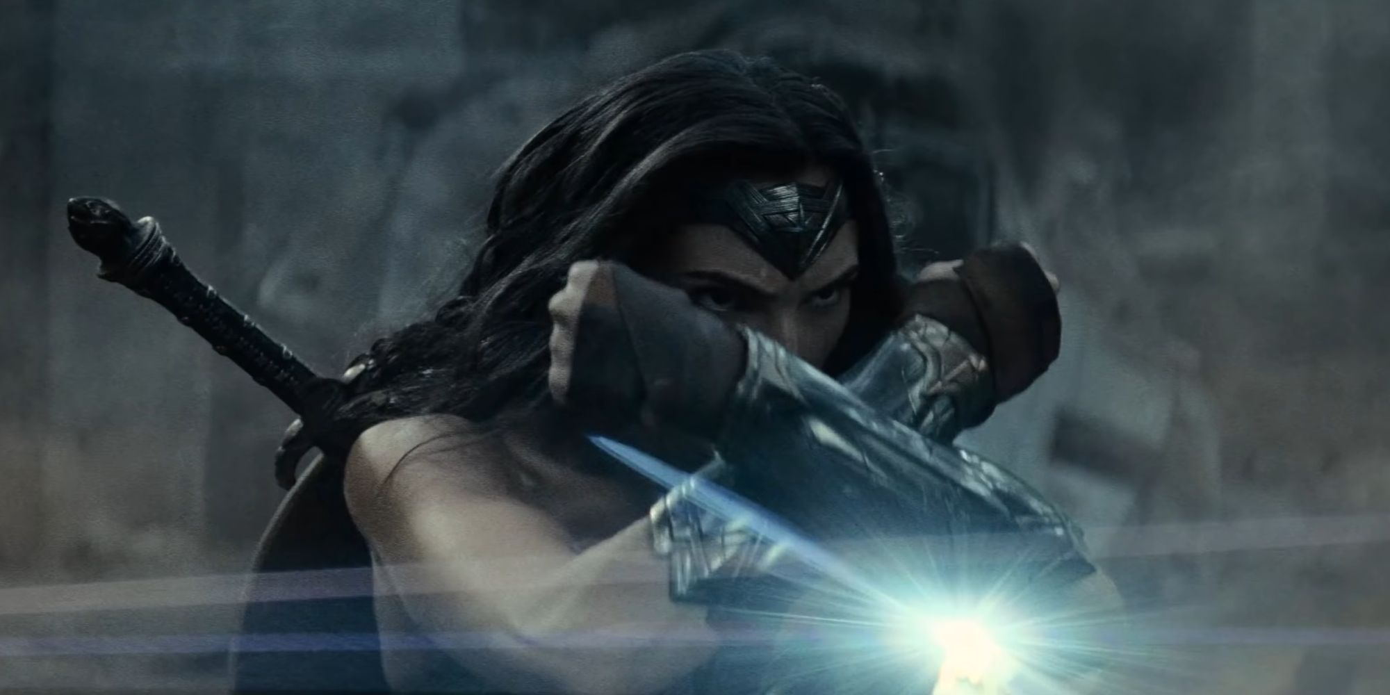 Gal Gadot as Wonder Woman bringing her braces together in Batman V Superman Dawn Of Justice (2016)
