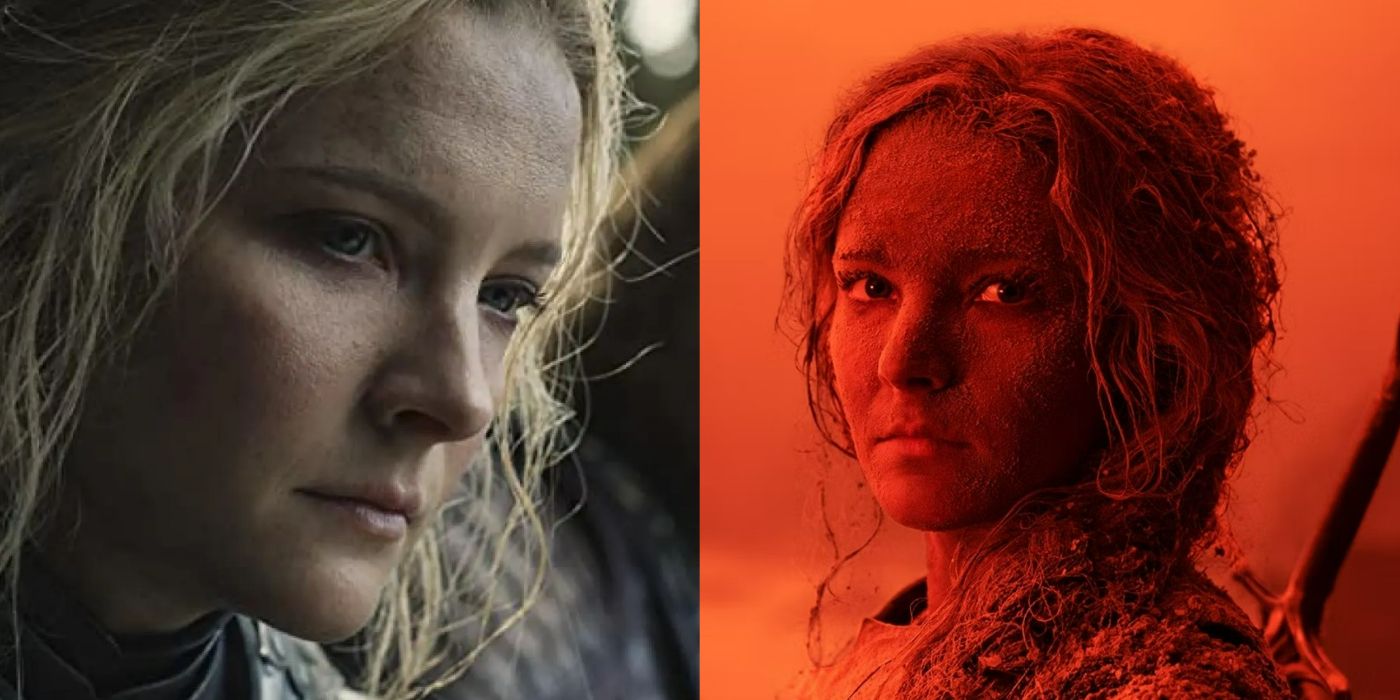 Two images of Galadriel from The Rings of Power