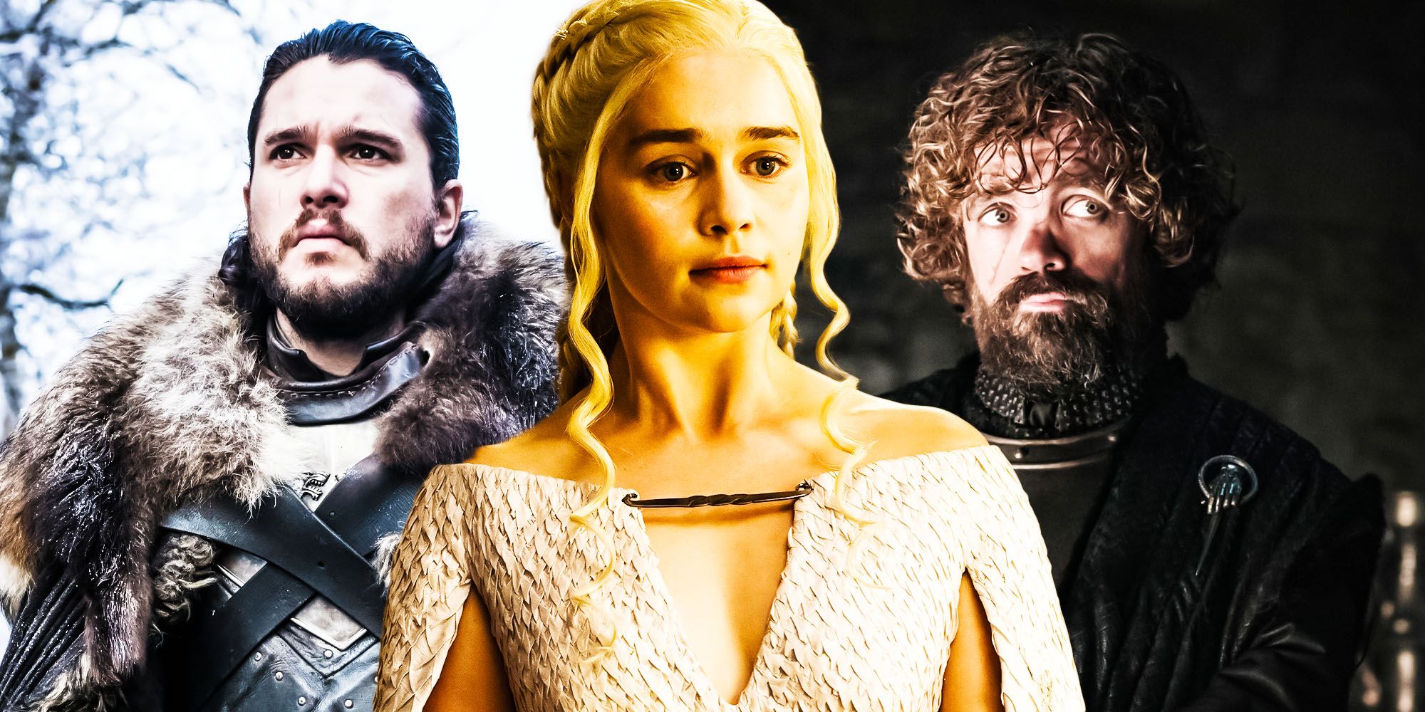 Kit Harington's Jon Snow, Emilia Clarke's Daenerys Targaryen, and Peter Dinklage's Tyrion Lannister in Game of Thrones.