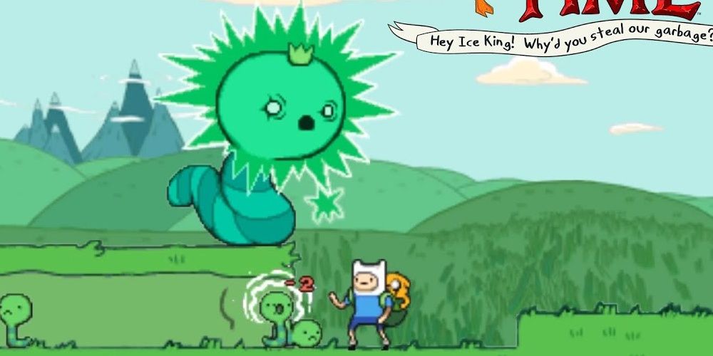 Gameplay from Hey Ice King! Why'd You Steal Our Garbage featuring Jake climbing on Finn's back Cropped