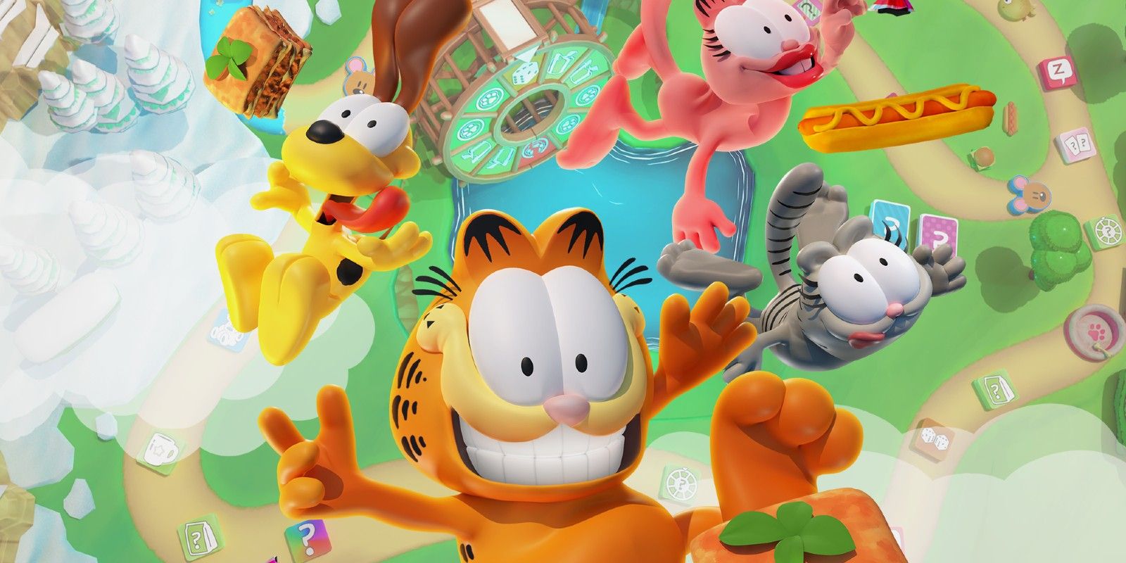 An image of Garfield and his friends in Lasagna Party key art. 