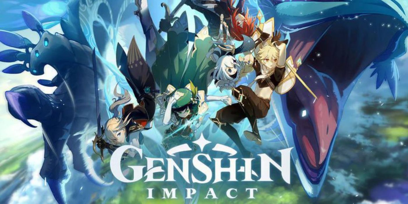 Genshin Impact key art featuring several characters and the dragon Dvalin in the background.