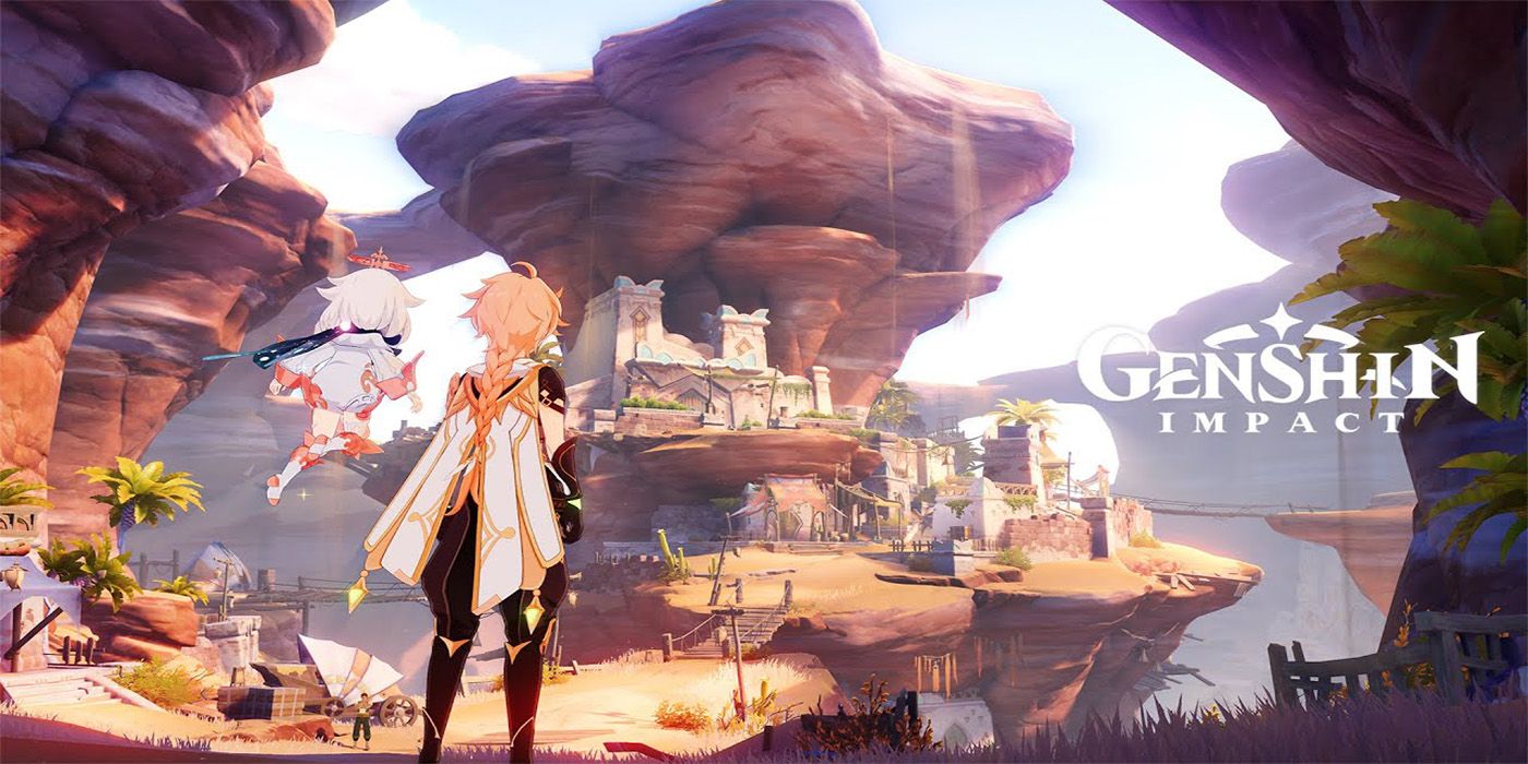 Genshin Impact's Aether and Paimon stand in front of Aaru Village during the day.
