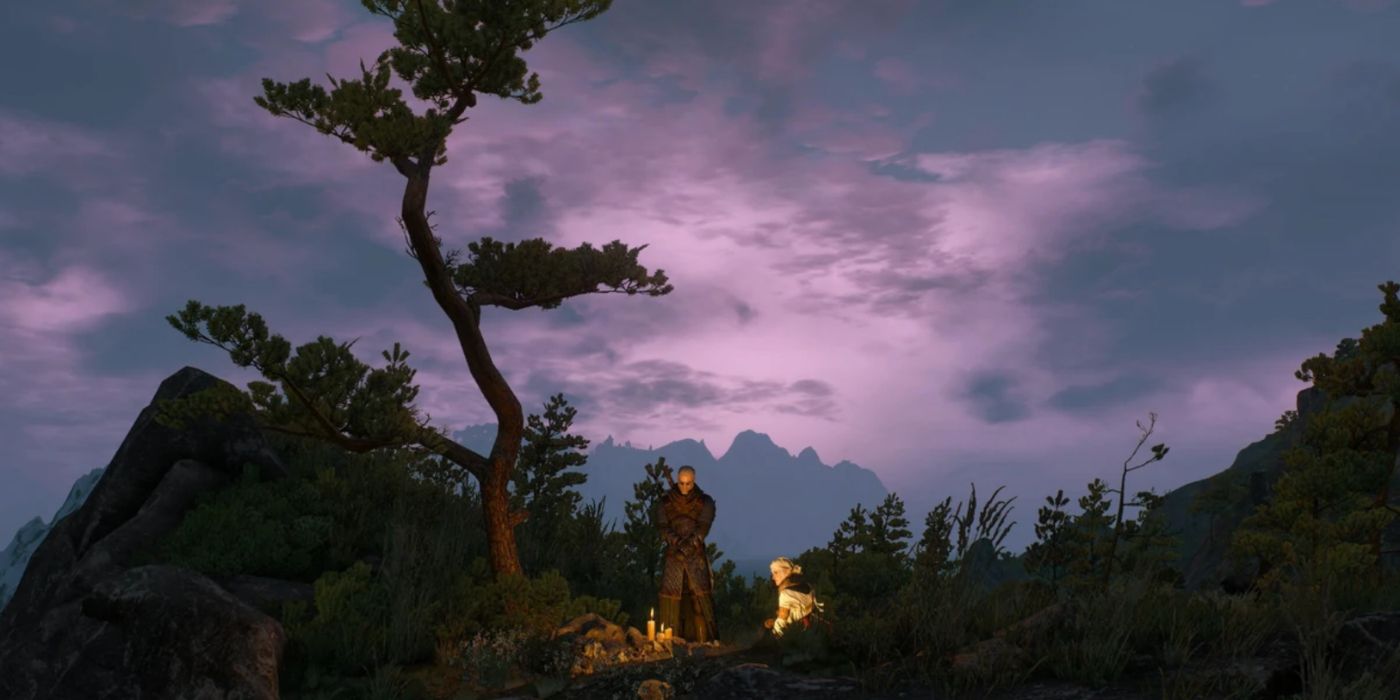 Wide shot of Geralt and Ciri at Skjall's grave in The Witcher 3.