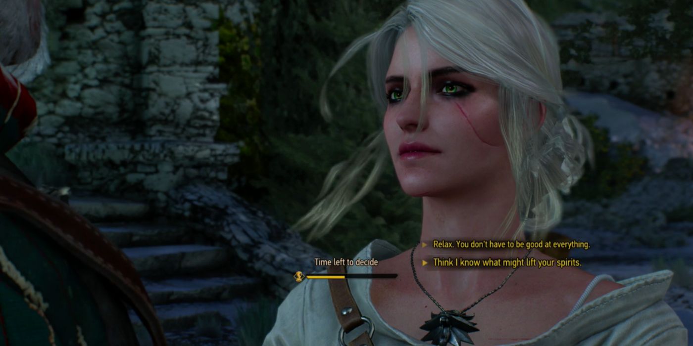 The player chooses between two dialogue choices to tell Ciri during her training.