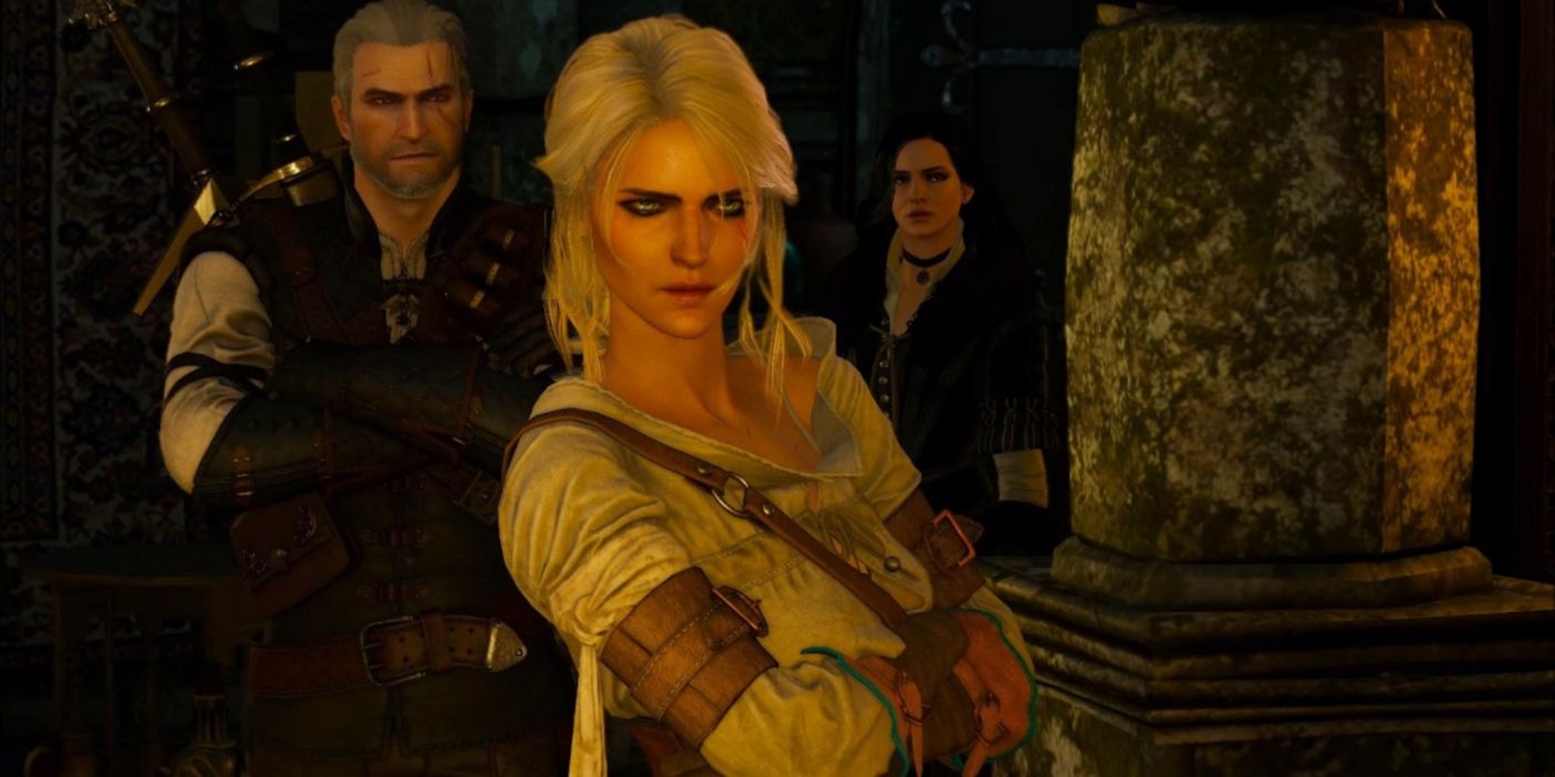 A frustrated Ciri with Geralt and Yennefer behind her in Avallac'h's lab.