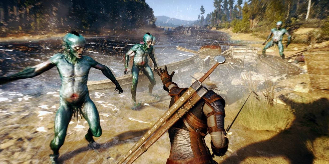Geralt fighting a group of Drowners by a river in The Witcher 3.