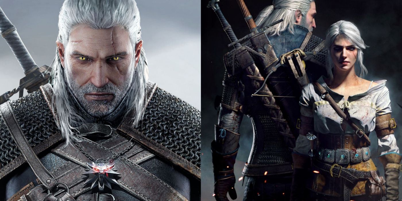 Split image of Geralt and Geralt with Ciri in The Witcher 3 promo art.