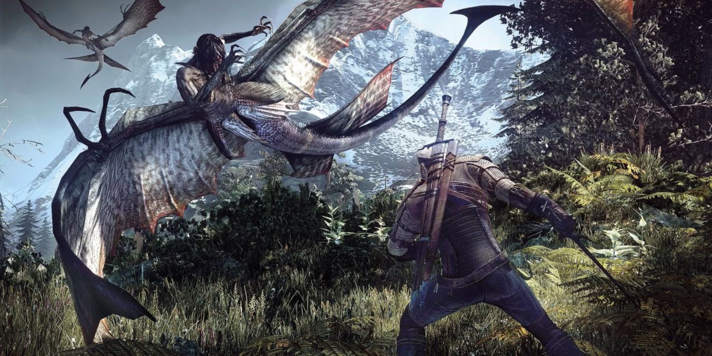 Geralt lutando contra um par de Ekhidna voadoras em Skellige em The Witcher 3.