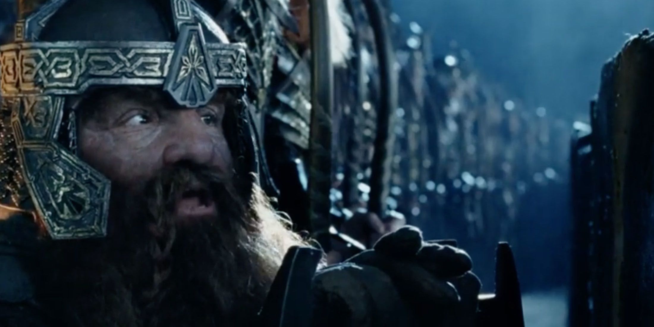 Gimli at the Battle of Helm's Deep in The Lord of the Rings: The Two Towers.