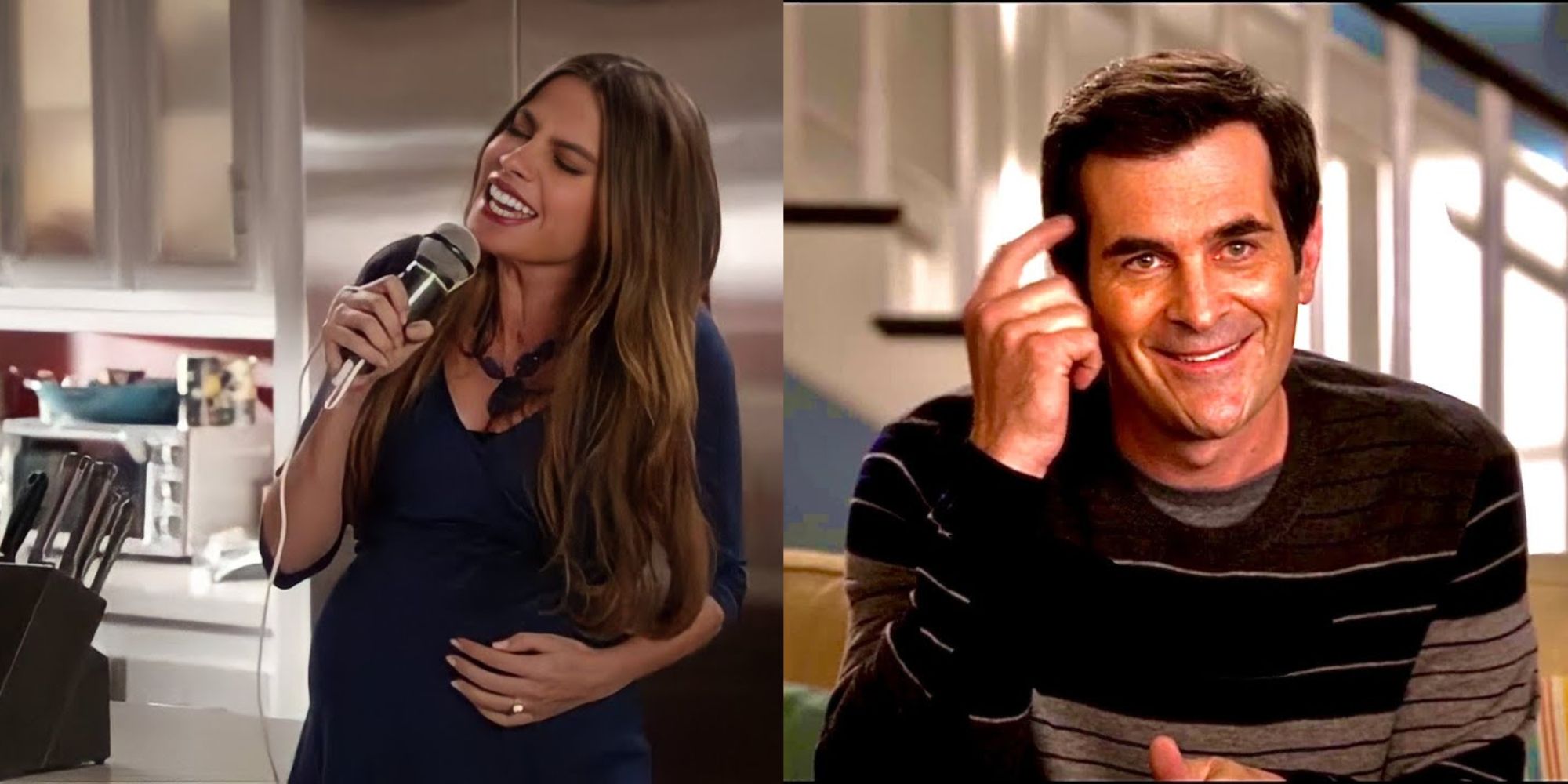 In a split image, Gloria sings and Phil points to his head during an interview on Modern Family.