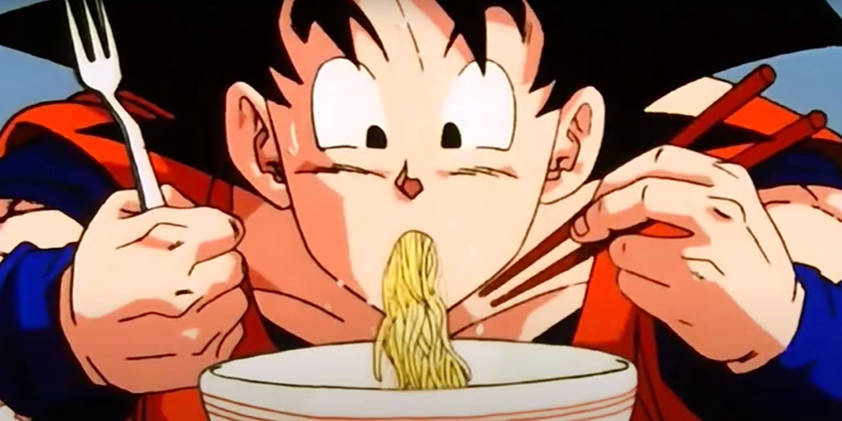 Goku from Dragon Ball Z Eating a Bowl of Noodles