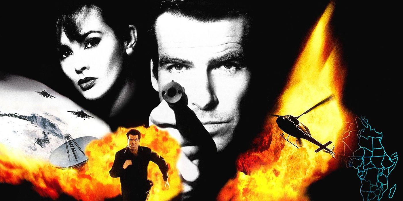 GoldenEye 007 N64 Cover Art showing Pierce Brosnan as Bond pointing a gun among a montage of explosions and flames.