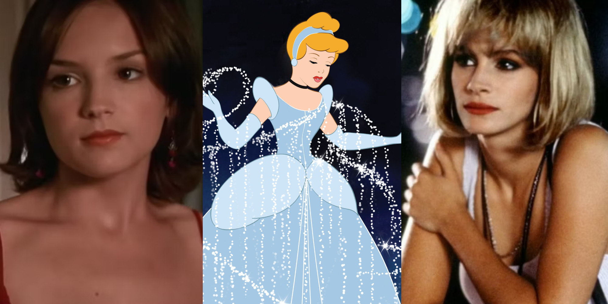 A split image features Rachel Leigh Cook in She's All That, the original animated Cinderella for Disney, and Julia Roberts in Pretty Woman