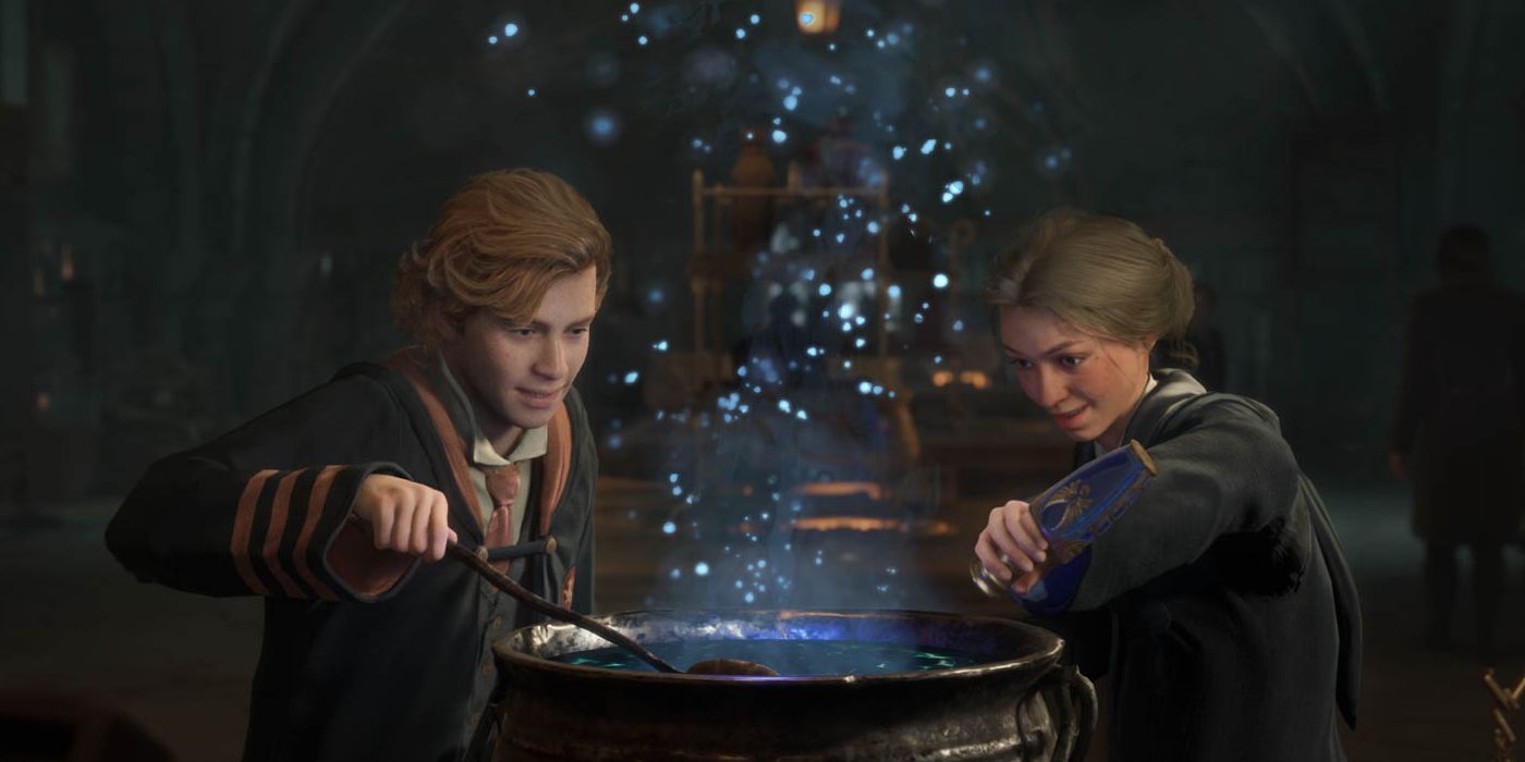 Two students in Hogwarts Legacy mixing a potion in a cauldron, pointing a wand and dumping ingredients into it as blue sparks float into the air.