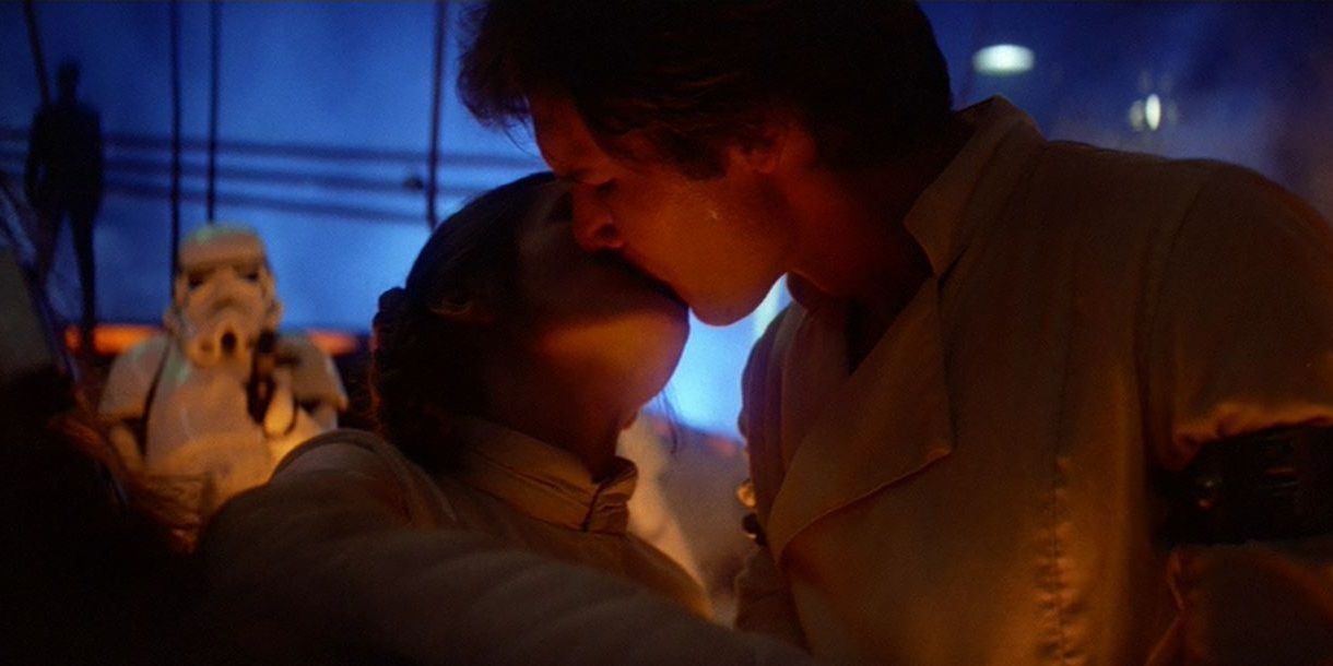 Han kisses Leia in The Empire Strikes Back