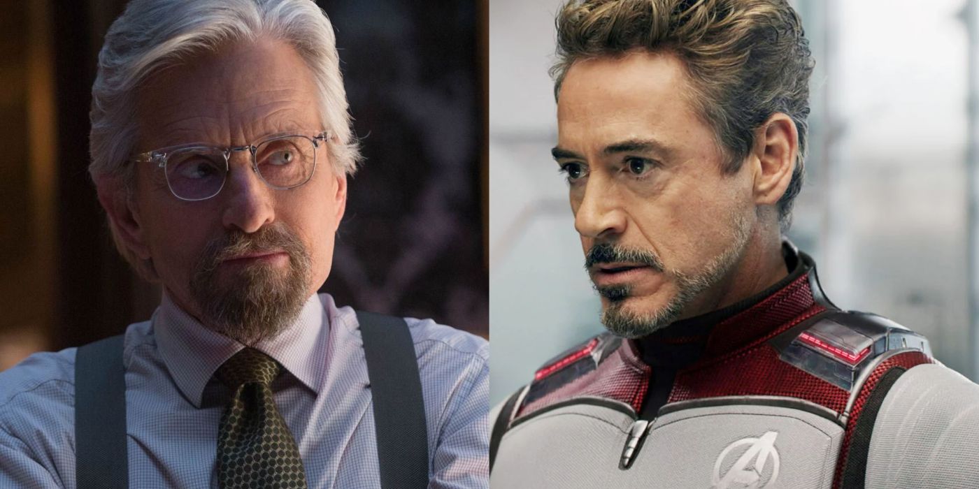 Imagem dividida de Hank Pym em Homem-Formiga e Tony Stark em Vingadores: Guerra Infinita