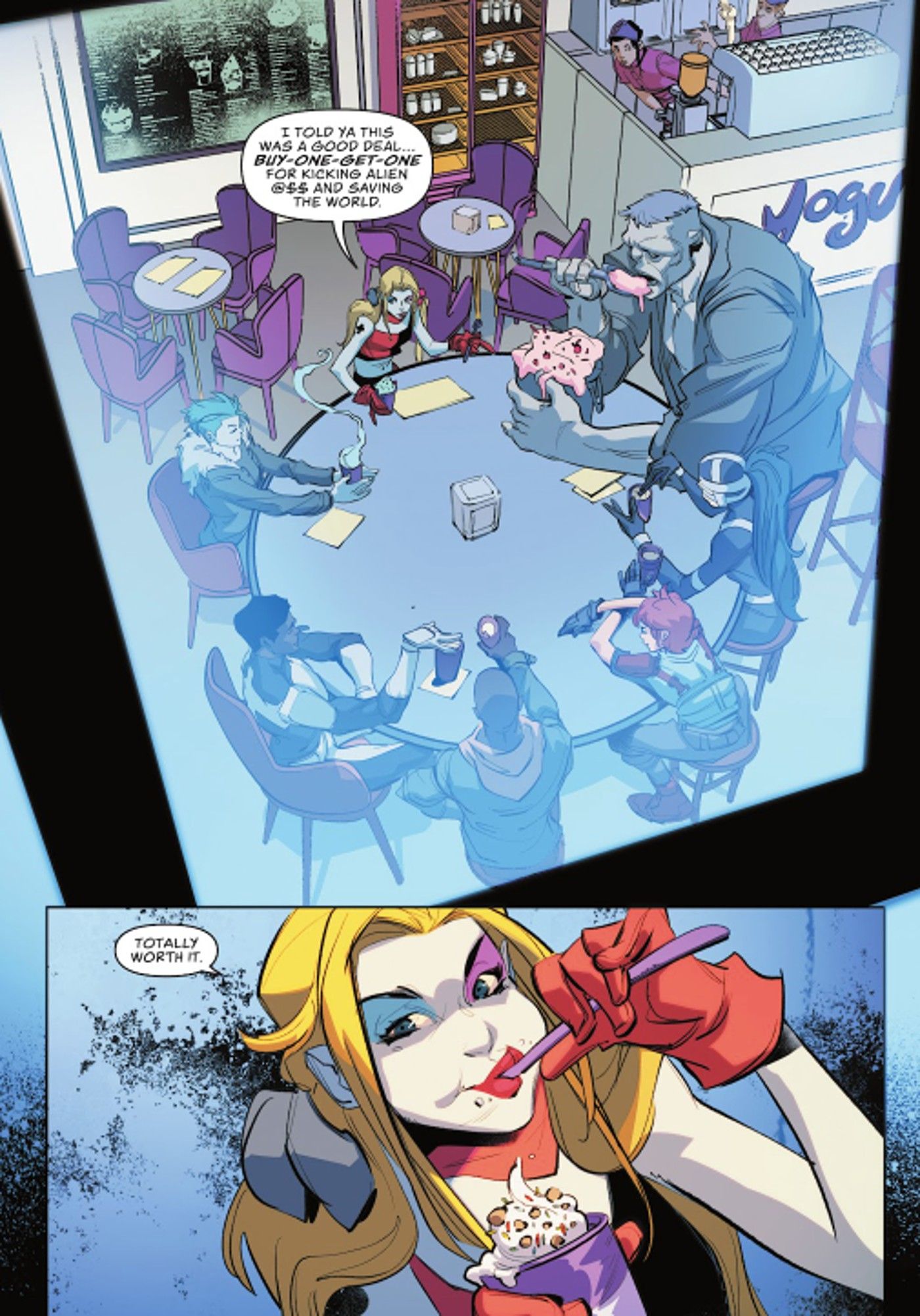 Harley Quinn e equipe comem Froyo em volta de uma mesa circular