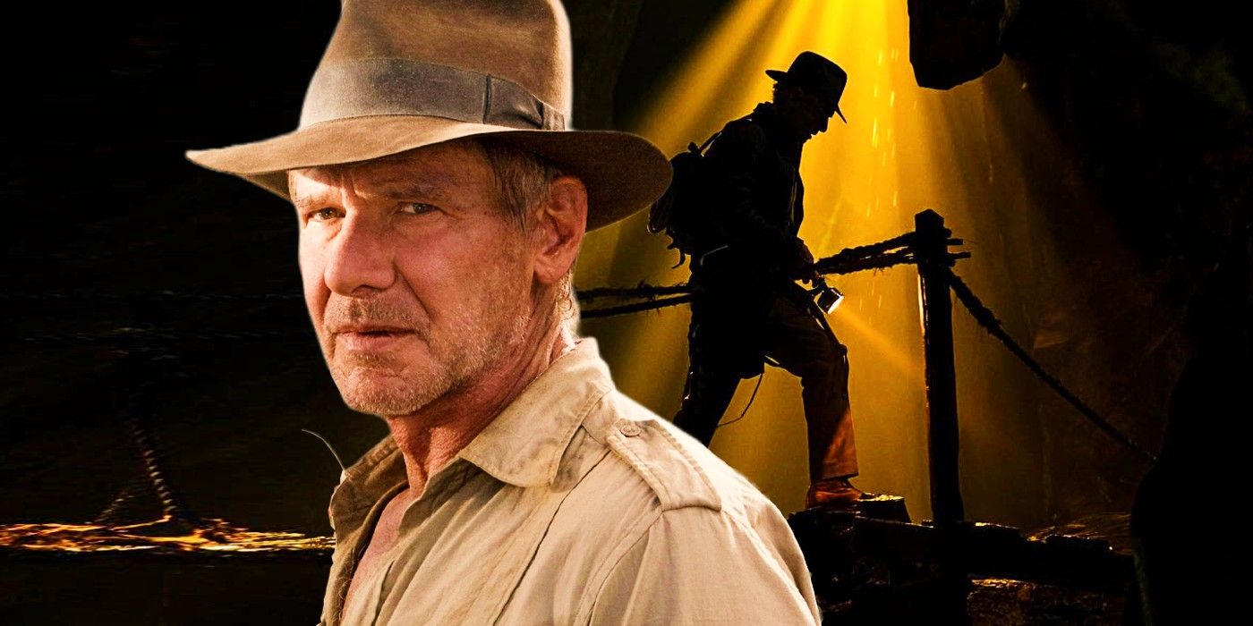 Harrison Ford como Indiana Jones sobreposto à imagem promocional de Indiana Jones 5