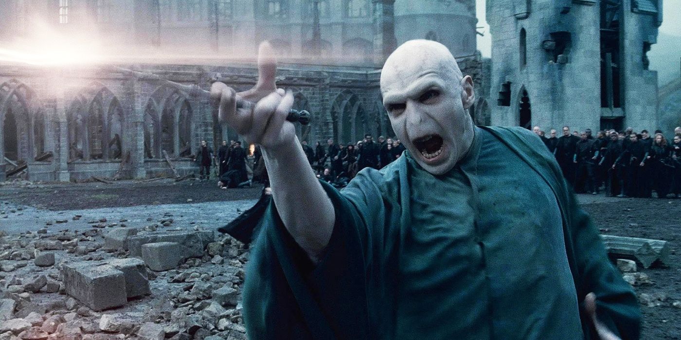 Voldemort casting a spell while calling out to Harry Potter. 