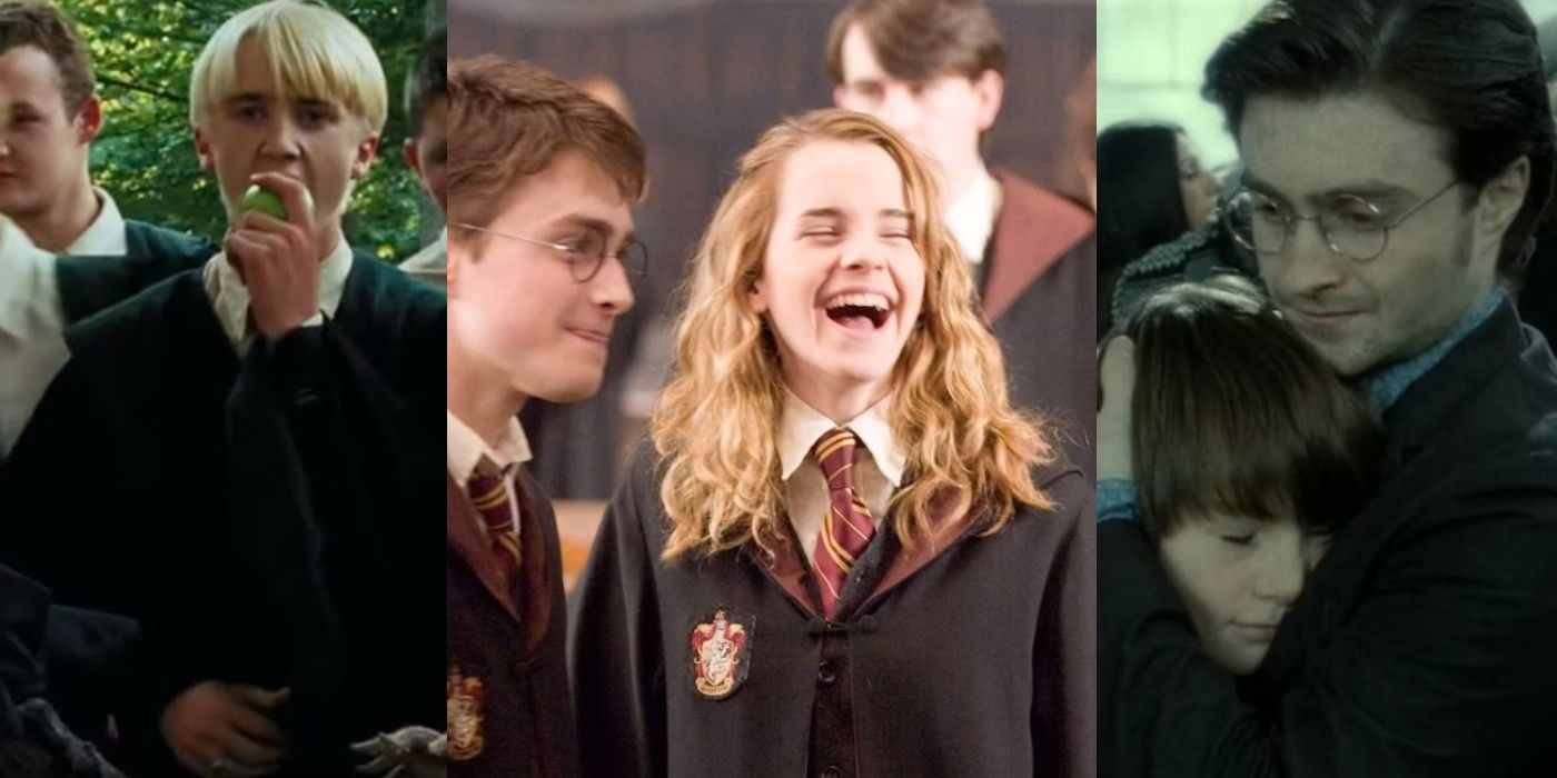 Harry Potter Inside Jokes Featured ImageDraco Malfoy eating an apple, Hermione laughing, and Harry hugging Albus Severus